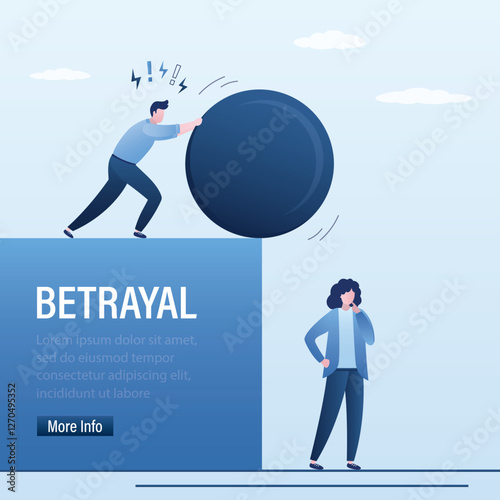 Angry businessman push big ball on female colleague. Attacked by friends. Family conflict, divorce. Traitor in business. Cheating, business dishonesty, betrayal and jealousy,
