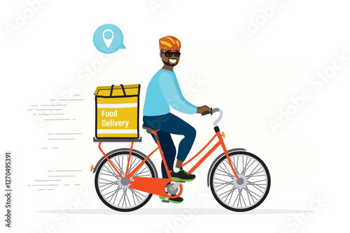 Courier on bicycle, delivering food, goods. Deliveryman with bag riding bike. Eco-friendly bike delivery. African american man with backpack cycling.