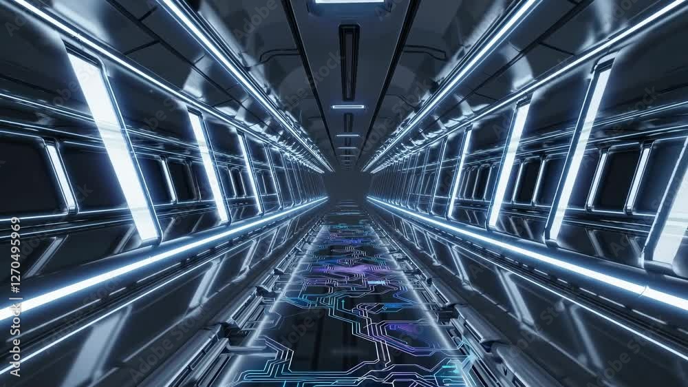 Futuristic corridor with glowing blue lights and circuit patterns, captured from a low-angle perspective, resembling a sci-fi video game setting. Futuristic corridor with glowing blue lights and circuit patterns, captured from a low-angle perspective, resembling a sci-fi video game setting.