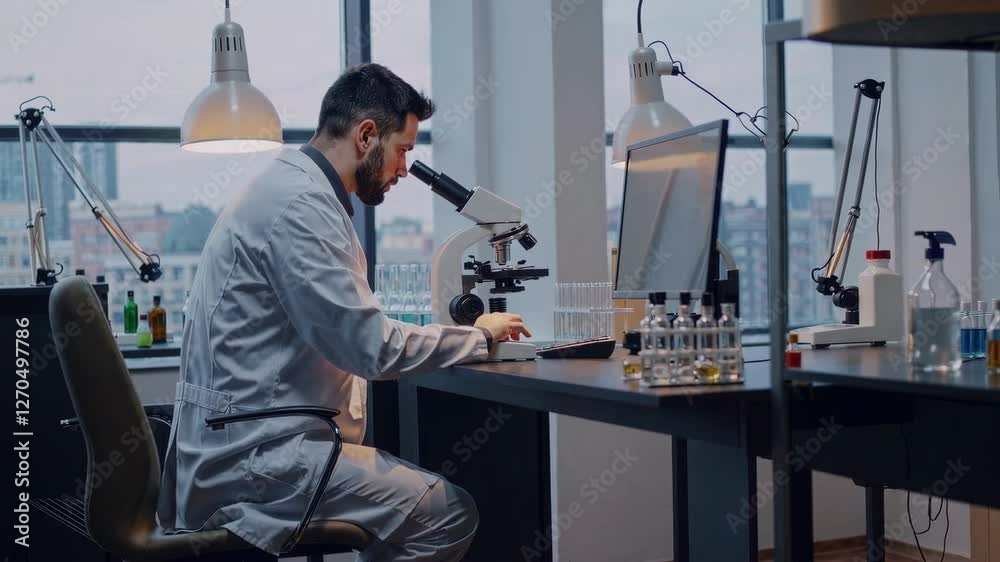 Científico masculino trabajando con microscopio en un laboratorio moderno. Científico con bata blanca observando a través de un microscopio en una mesa de laboratorio con equipos científicos y frascos