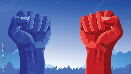 Create a powerful vector illustration of two clenched fists bursting forth from the earth, symbolizing strength and resilience.  Focus on dynamic lines and impactful color.