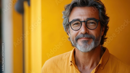 Portrait of a Smiling Mature Man with Gray Hair and Glasses Against a Yellow Background
