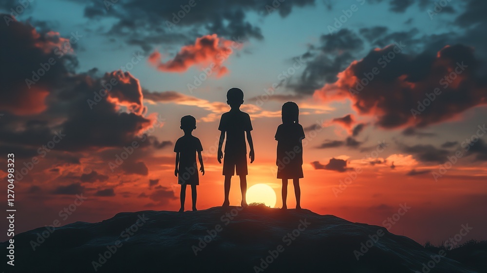 Fototapeta premium Children Silhouetted Against a Sunset in a Grassy Field