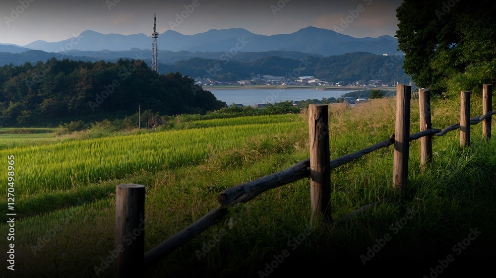 Fototapeta premium Serene Countryside Landscape with Rice Paddies and Distant Mountains