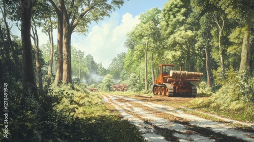 Wallpaper Mural Serene Forest Logging Scene with Heavy Machinery on Sunny Day Featuring Lush Green Foliage Torontodigital.ca