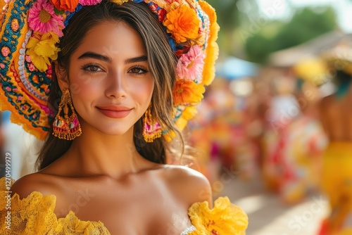 Beautiful Woman in Vibrant Flower Crown at a Festive Parade photo