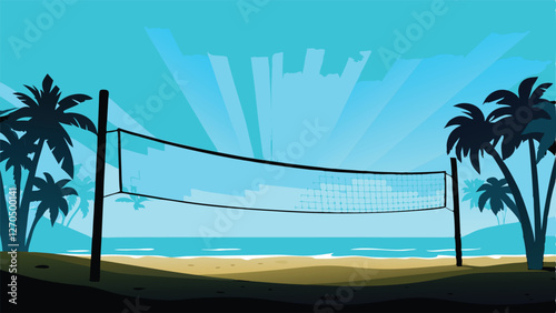 Vibrant beach scene featuring a volleyball net silhouetted against an abstract, radiant sun.  Detailed sand texture.