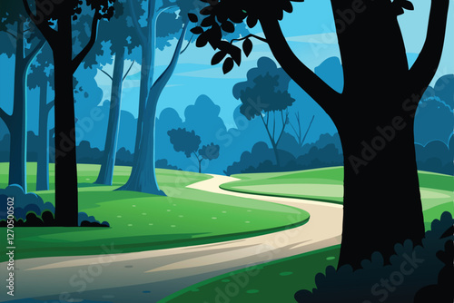 A picturesque winding golf cart path meanders through a lush, verdant forest, sunlight dappling the leaves.