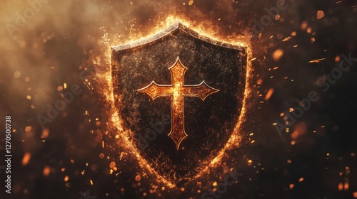 Shield with Cross Symbol Surrounded by Fire