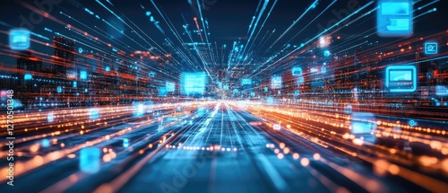 Dynamic cybernetic city with layered holographic projections and neon-lit grid patterns, tailored for virtual reality simulations, tech product launches, and sci-fi book cover designs.