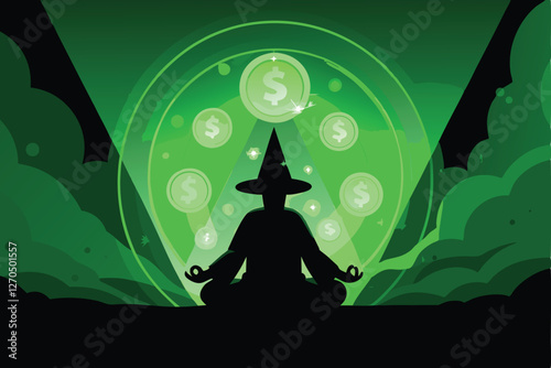 A serene wizard levitates within a glowing, ethereal circle of arcane finance symbols, deeply meditating.