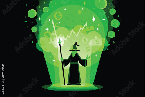 A powerful wizard, encircled by a vibrant, swirling aura of rising gold coins and financial charts, symbolizing wealth and prosperity.