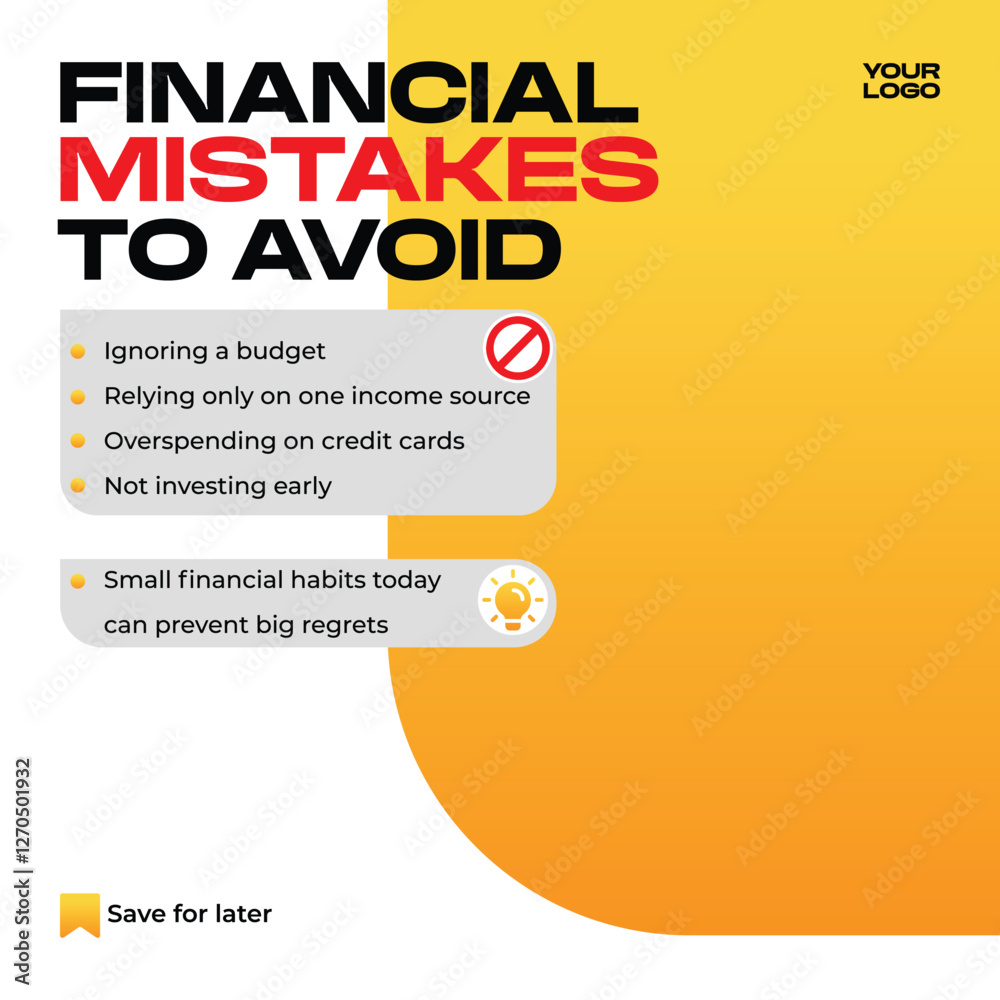 Fototapeta premium Financial Mistakes to Avoid Social Media Post Template Money Management Design
