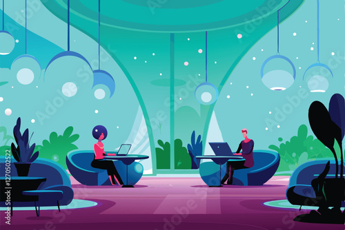Design a futuristic coworking space with bright alien-themed decor, sleek furniture, and vibrant colors.  Include holographic elements and comfortable seating.