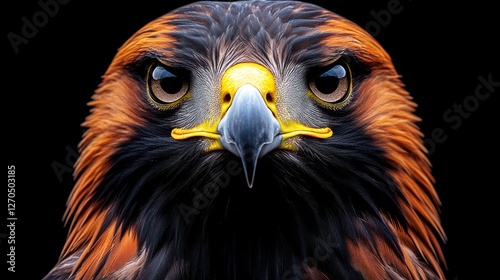 Close-up golden eagle, fierce gaze, black background, wildlife portrait photo