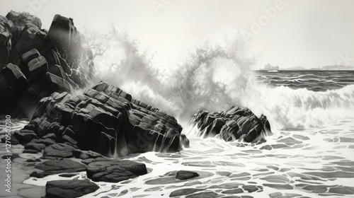 waves black and white drawing beach