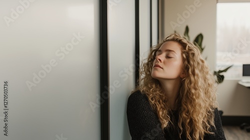 Moment of Stillness: A woman with beautiful curly hair closes her eyes against a door in a office. Capturing the essence of rest, tranquility, and introspection. Free Download Moment of Stillness: A woman with beautiful curly hair closes her eyes against a door in a office. Capturing the essence of rest, tranquility, and introspection. - GFXLoad