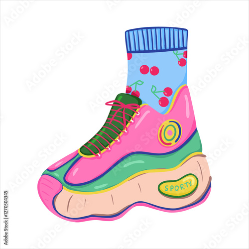Cartoon pink sneakers on the platform and blue socks with cherry. Sports shoes for girl. Cool sport footwear. Sticker, print, greeting cards. Vector illustration on a white background.