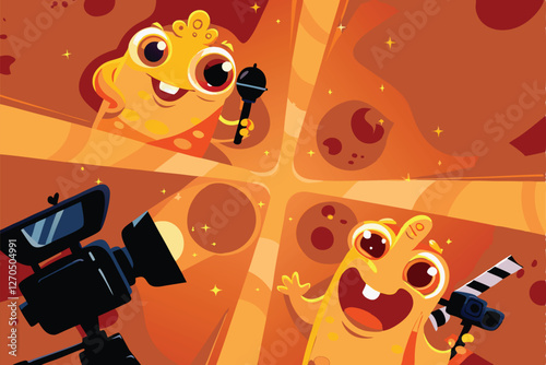 Cheerful, colorful monsters film a wacky viral video in a vibrant studio, using colorful props and technology.