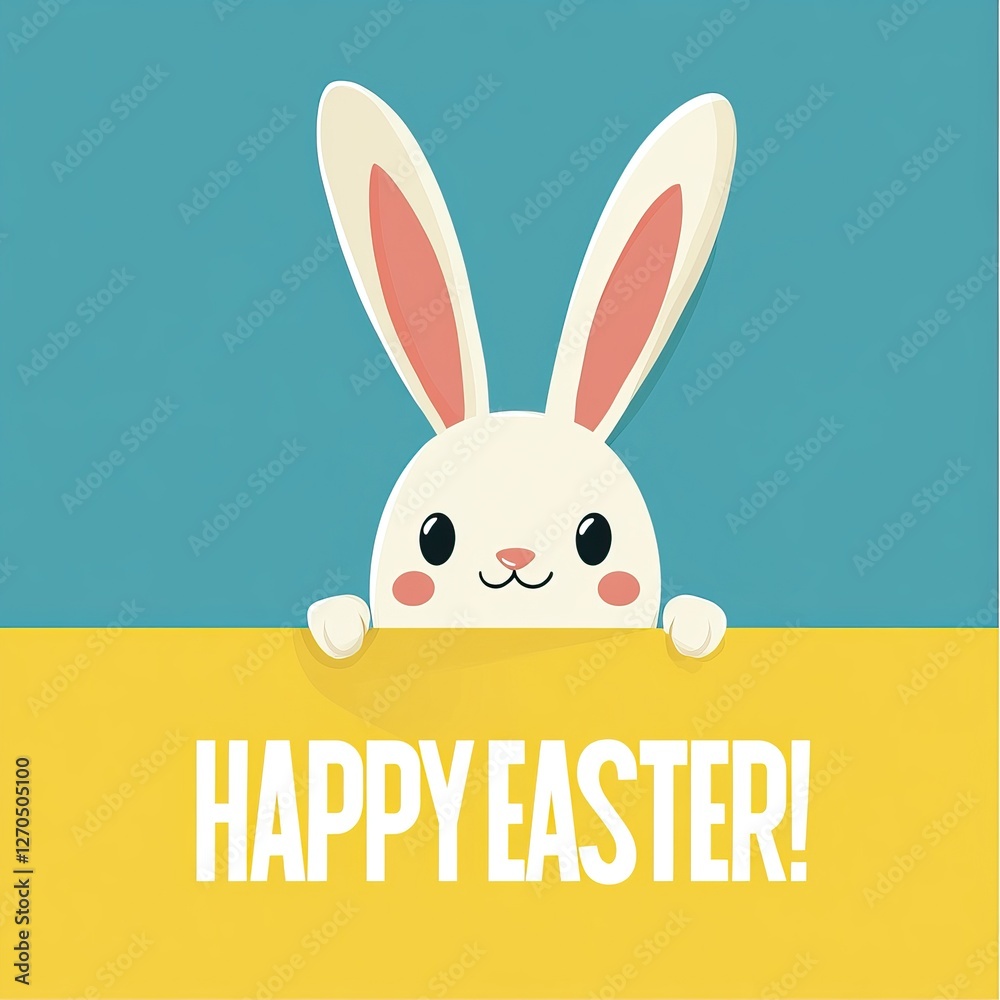 Fototapeta premium Cute cartoon Easter bunny with Happy Easter text on yellow background. AI generated image