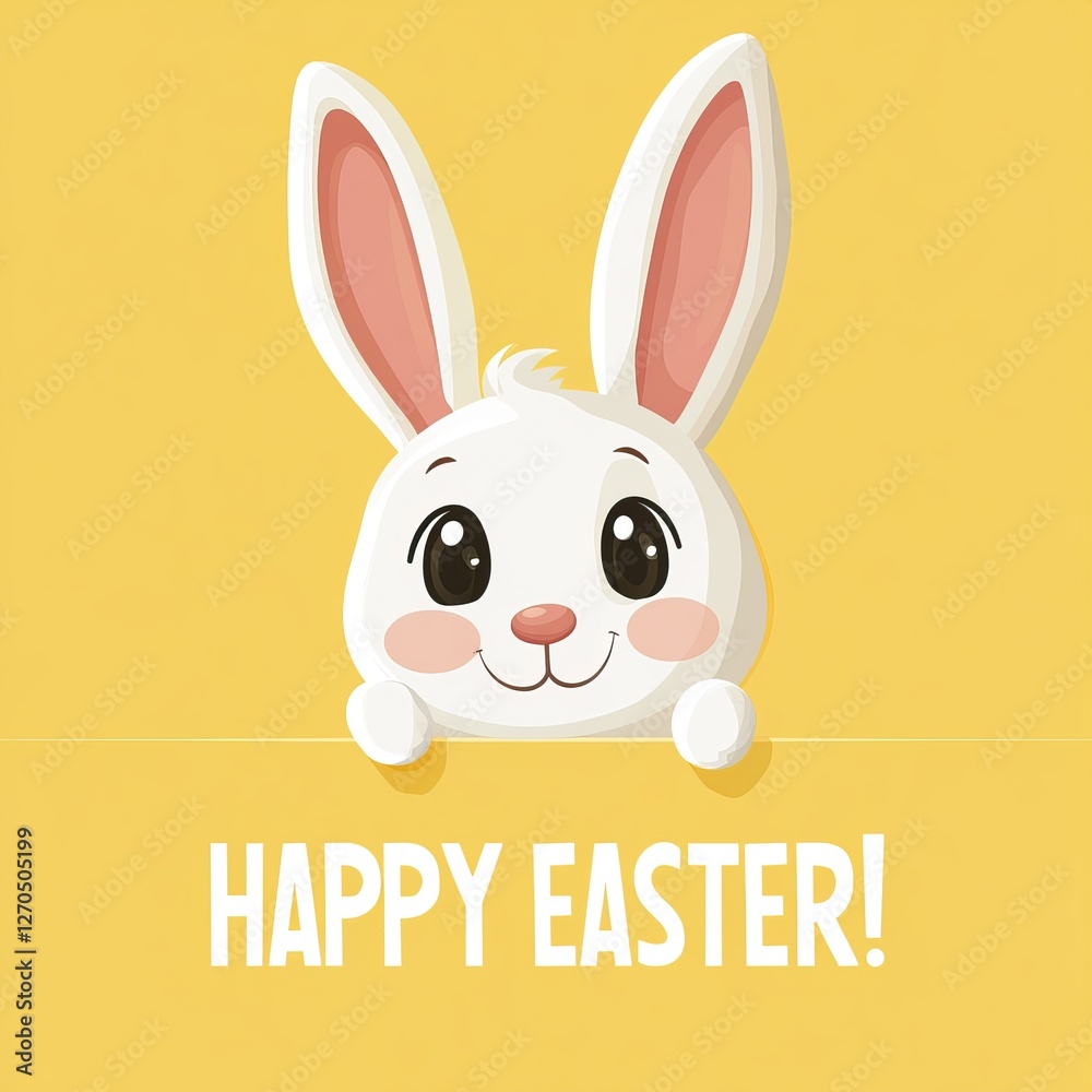 Cute cartoon Easter bunny with Happy Easter text on yellow background. AI generated image Cute cartoon Easter bunny with Happy Easter text on yellow background. AI generated image