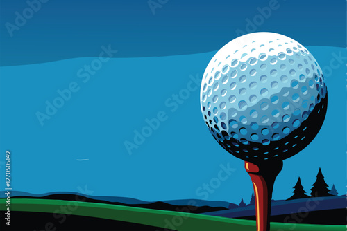 Close-up of a golf ball on a tee, ready to be hit, with a scenic golf course background visible.