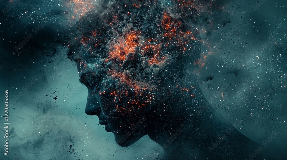 Obraz premium Abstract Portrait with Cosmic Explosion and Vivid Colors in Background