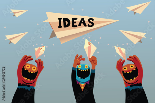Whimsical marketing monsters soar through the air, carrying vibrant paper airplanes; a playful, creative business concept.
