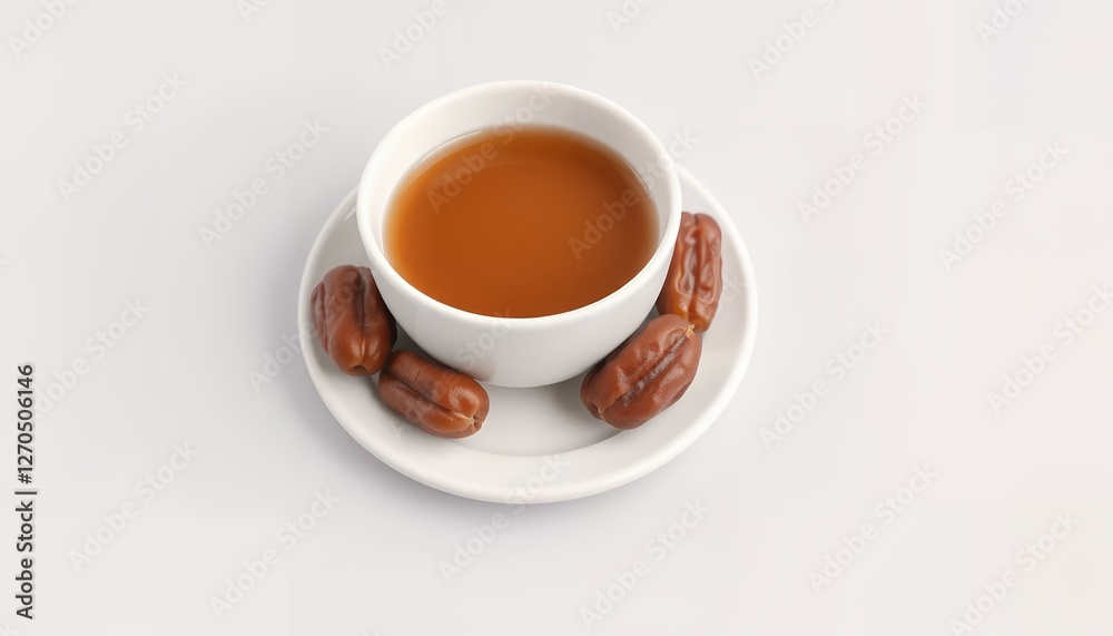 White cup with tea or coffee and dates White cup with tea or coffee and dates