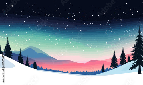 Serene Snowy Landscape with Aurora Borealis and Silhouetted Trees Vector Illustration