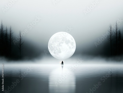 An enchanted lake under a glowing full moon, mist rising from the water, soft blue and silver tones, otherworldly reflections, a mysterious robed figure holding a lantern, fantasy atmosphere,