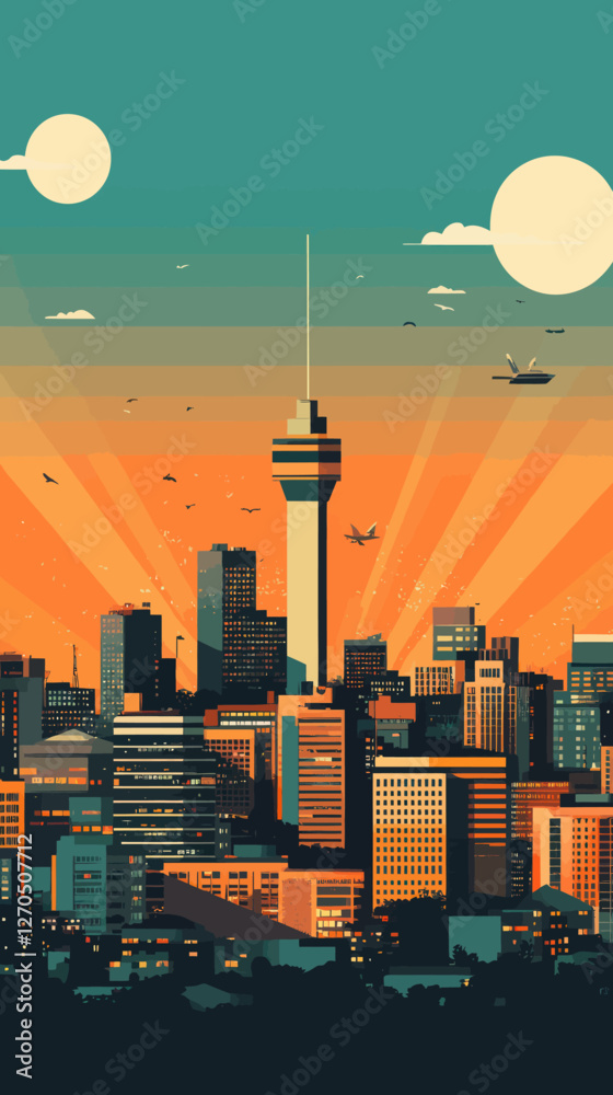 Naklejka premium Johannesburg South Africa Cityscape Poster with Skyline and Landmarks in Retro Minimalist Style