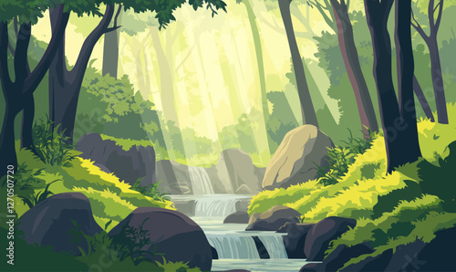 Serene Forest Glade Illustration with Sunlit Trees, Mossy Rocks, and Gentle Stream for Tranquility and Meditation