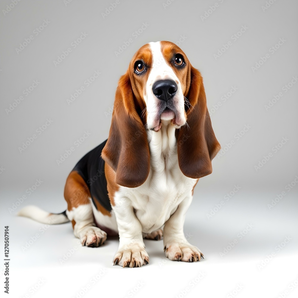 Basset hound sitting and looking away from the camera Basset hound sitting and looking away from the camera