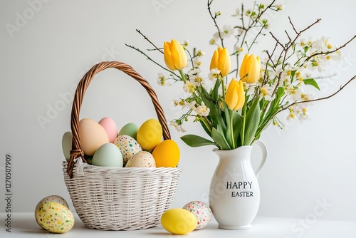 Easter basket with colorful eggs and yellow tulips on white background. AI generated image