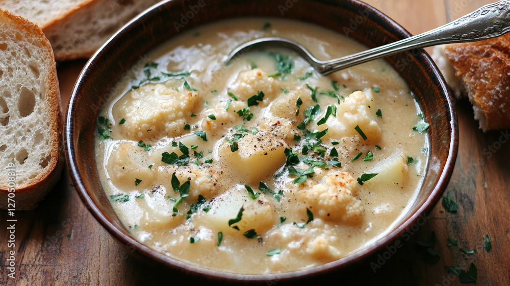 Creamy roasted cauliflower and potato soup served in bowl, garnished with herbs. Accompanied by slices of bread, this comforting dish is perfect for cozy meal Creamy roasted cauliflower and potato soup served in bowl, garnished with herbs. Accompanied by slices of bread, this comforting dish is perfect for cozy meal