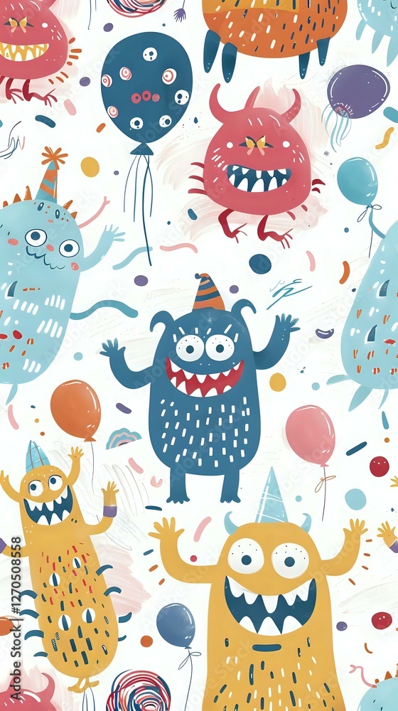 Naklejka premium Cute Monster Party: Balloons, Fun, Celebration