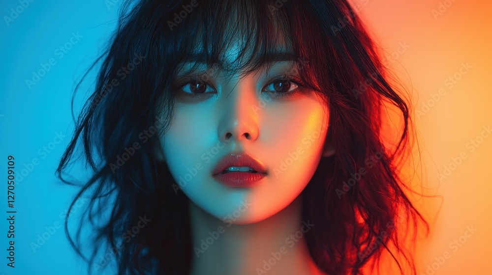 Neon Portrait of a Young Woman with Blue and Orange Lighting Neon Portrait of a Young Woman with Blue and Orange Lighting