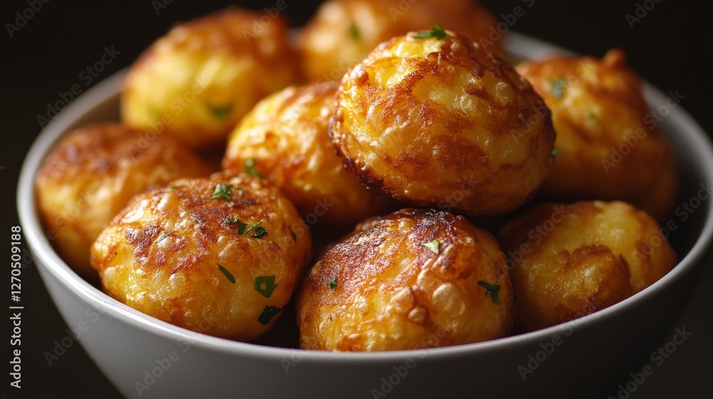 A bowl of golden, crispy cheese balls garnished with herbs. A bowl of golden, crispy cheese balls garnished with herbs.