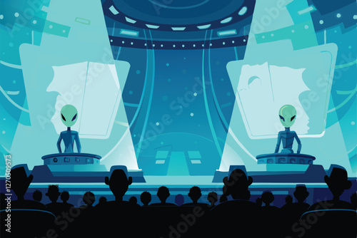 A futuristic alien conference showcasing advanced technological devices and intricate alien architecture.  Depict diverse alien species engaging in sophisticated discussions.