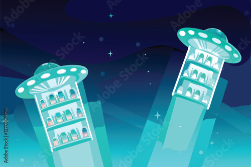Ethereal glowing shelves displaying alien-themed products, floating in a dark, futuristic space.  High-resolution, vibrant colors, cinematic lighting.