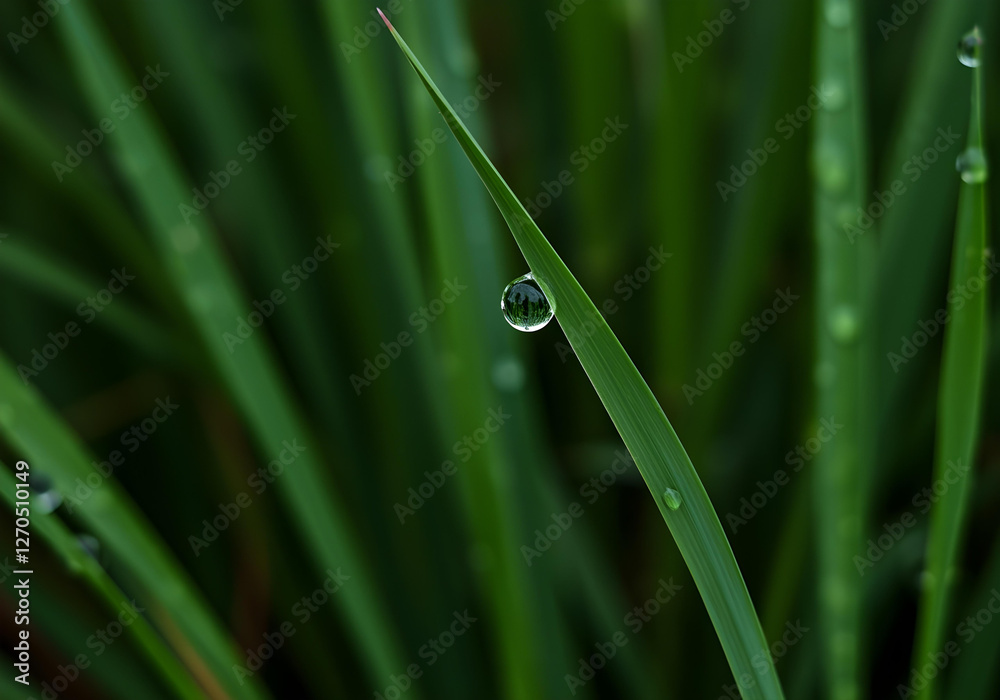 Obraz premium Captures ethereal beauty of a solitary dewdrop delicately suspended on a slender blade of emerald grass revealing its pristine spherical shape amidst a backdrop of lush verdant foliage encapsulating
