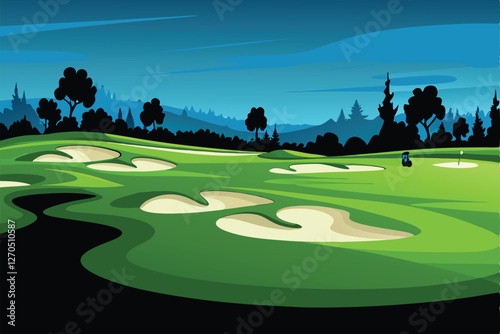 A stunning aerial shot of a meticulously manicured golf course, showcasing artistically shaped sand traps.  The image emphasizes the landscape design.