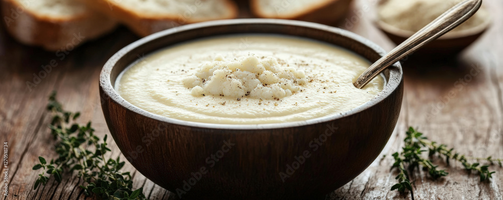 Creamy cauliflower soup in rustic wooden bowl, garnished with herbs and served with bread. comforting dish perfect for any meal Creamy cauliflower soup in rustic wooden bowl, garnished with herbs and served with bread. comforting dish perfect for any meal