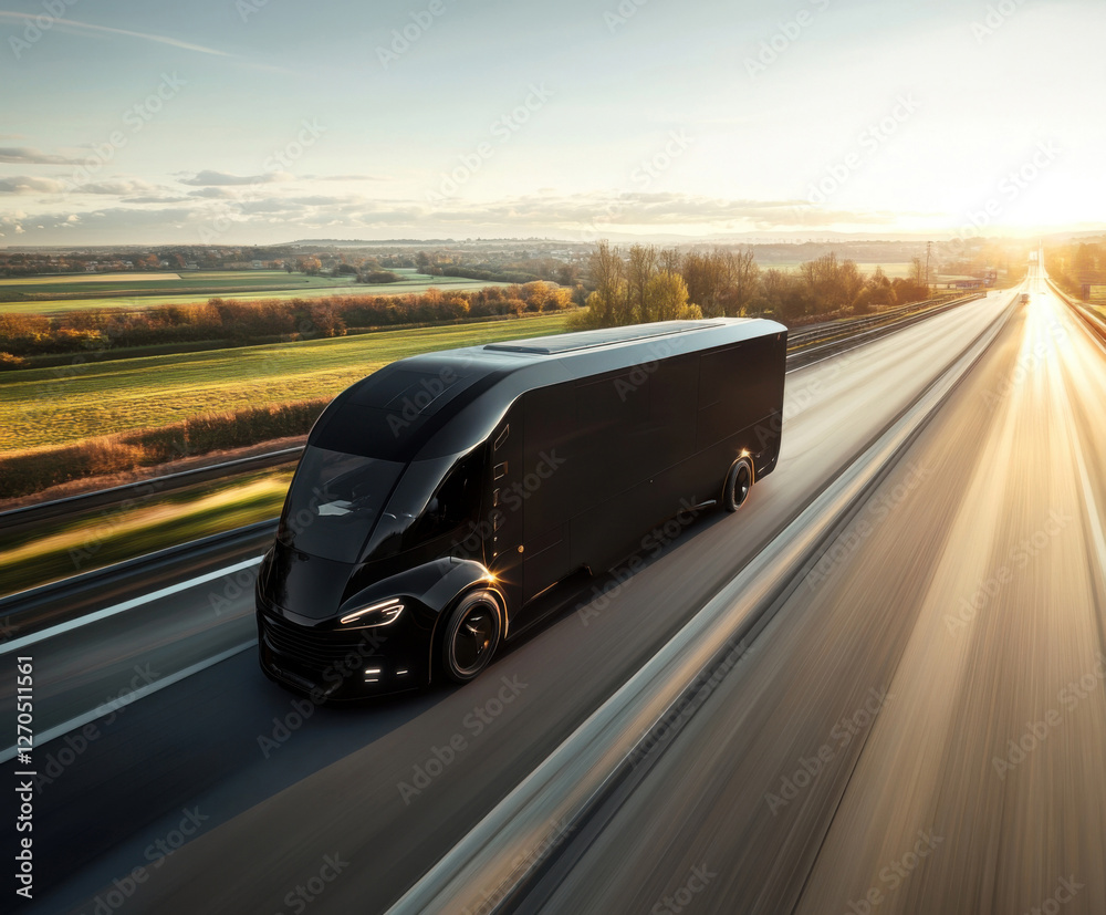 Fototapeta premium Sleek electric truck driving on a highway at sunset with rolling hills in the background