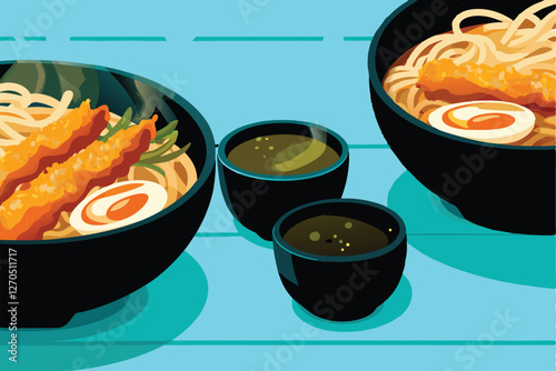 A vibrant image depicting steaming bowls of Japanese ramen, crispy tempura, and a refreshing cup of green tea.  Show authentic presentation.
