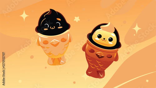 Adorable kawaii taiyaki fish-shaped waffles with chocolate and custard fillings, smiling faces, vibrant colors.