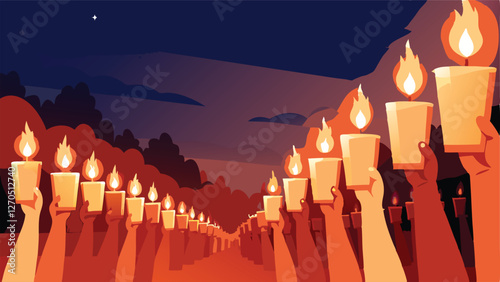 Nighttime procession of solemn marchers carrying flickering candles, illuminated faces, peaceful demonstration.