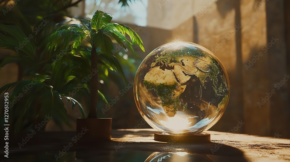 Glass Sphere with Miniature Tree on Rocks in Serene Outdoor Setting Glass Sphere with Miniature Tree on Rocks in Serene Outdoor Setting