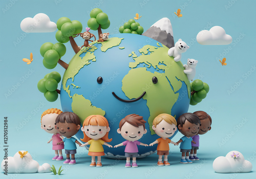 Naklejka premium Happy kids around the world with a cute earth globe . Generative AI